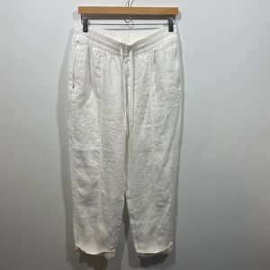 Athleta Linen Blend White Crop Pants Drawstring Waist Casual Lightweight Medium‎